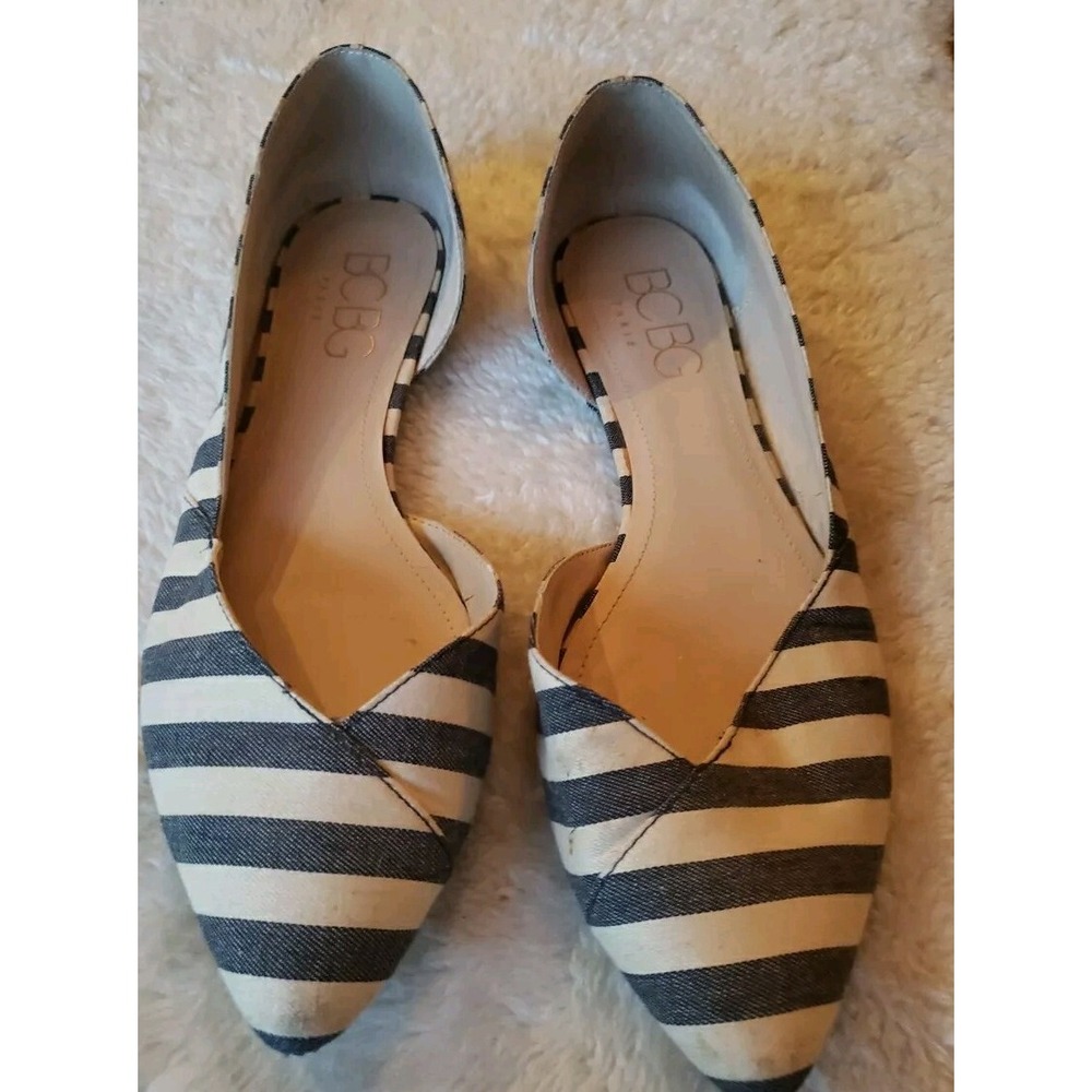 BCBG Annya Pointed Toe Flats Striped Dr Gray &‎  Cream Comfy Sz 11 Look Great